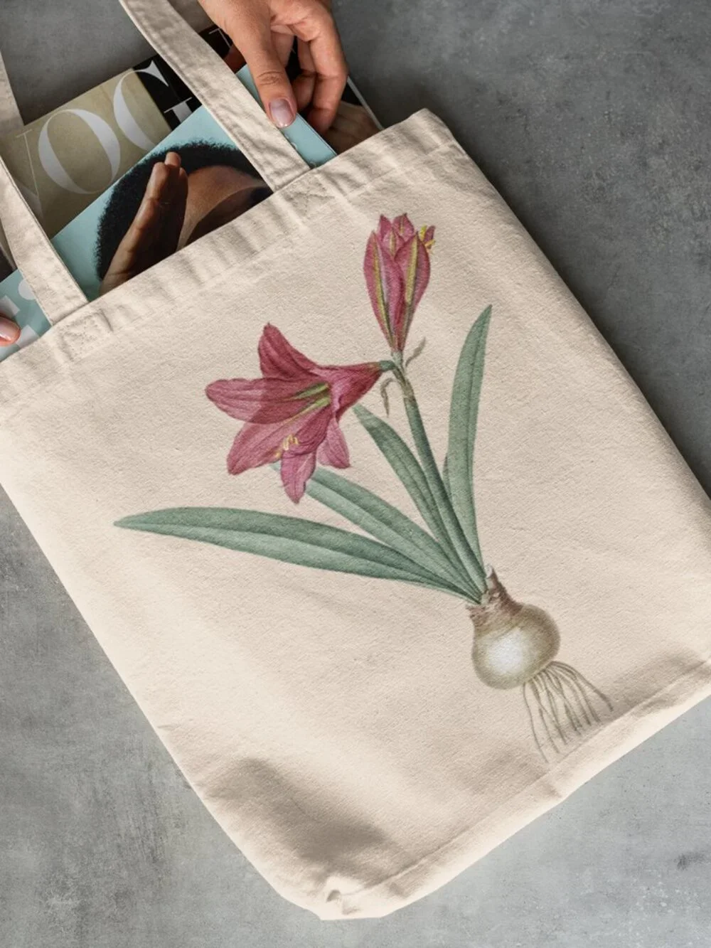 Amaryllis Vintage Floral Print Graphic Canvas Tote Bag